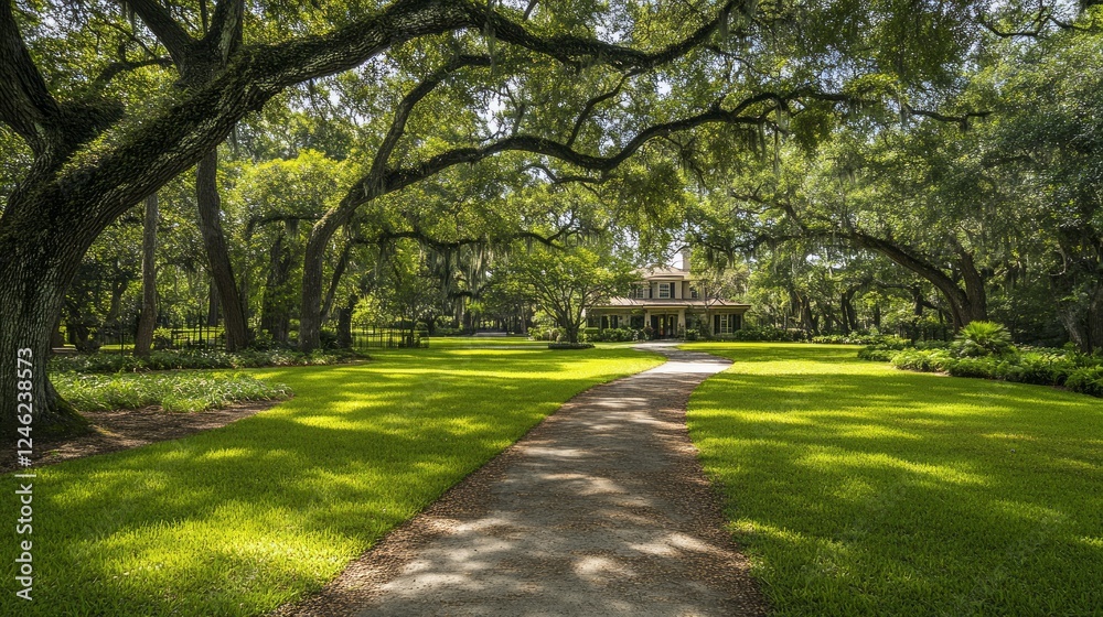 Sun-dappled path leads to a house nestled amongst lush green trees and a manicured lawn.
