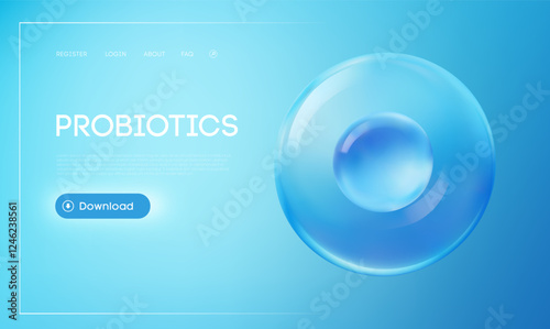 Probiotics 3d website landing page with blue gradient background, transparent liquid bubble, and glowing download button. Health and wellness concept for gut health, nutrition, and supplements.