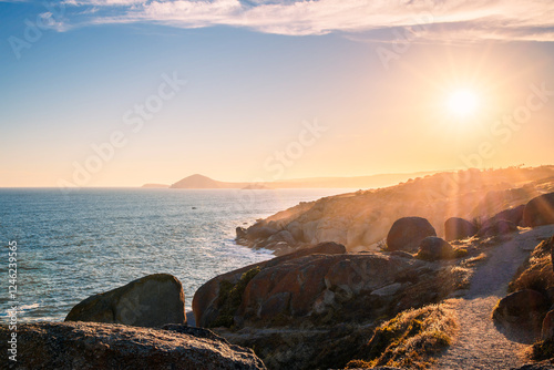 Encounter Bay coastline viewed from Granite Island at sunset, South Australia photo