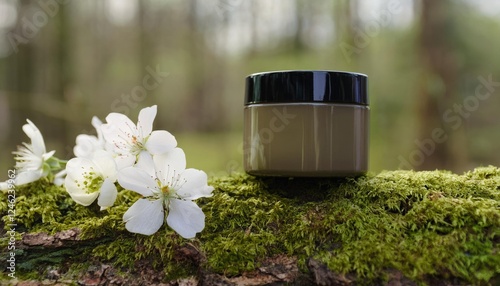 Skincare jar with spring flowers on moss-covered log  photo