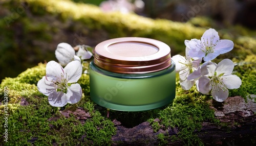 Skincare jar with spring flowers on moss-covered log  photo