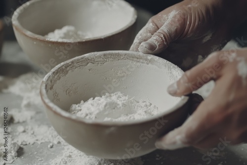 Hands Preparing Flour in Bowl for Baking on Rustic Kitchen Surface