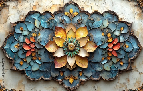 Intricate relief sculpture with vibrant lotus petals in blue orange and gold on an aged background

