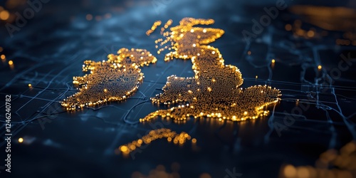 An illuminated digital map of Great Britain emphasizes tech connectivity and geographic intricacy against a dark backdrop.