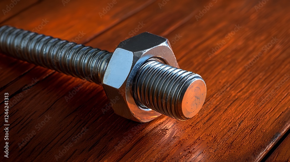 Close-up of a metallic bolt and nut resting on a polished wooden surface, showcasing intricate details Close-up of a metallic bolt and nut resting on a polished wooden surface, showcasing intricate details