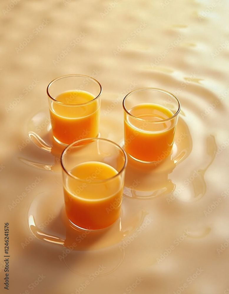 High angle view of three glasses of orange juice High angle view of three glasses of orange juice