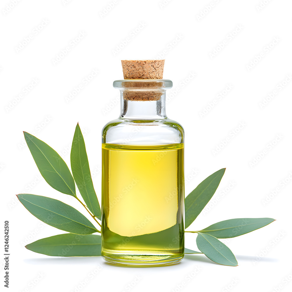 Eucalyptus oil extract glass bottle mock up flat lay with eucalyptus branches isolated on white Eucalyptus oil extract glass bottle mock up flat lay with eucalyptus branches isolated on white