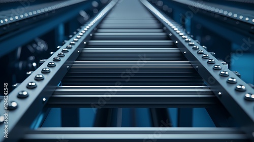 A close-up view of a metallic conveyor system, showcasing the sleek, parallel tracks designed for efficient material movement. photo