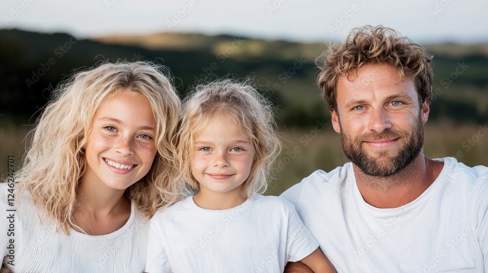 Happy family portrait, outdoors, hills background, family bonding Happy family portrait, outdoors, hills background, family bonding