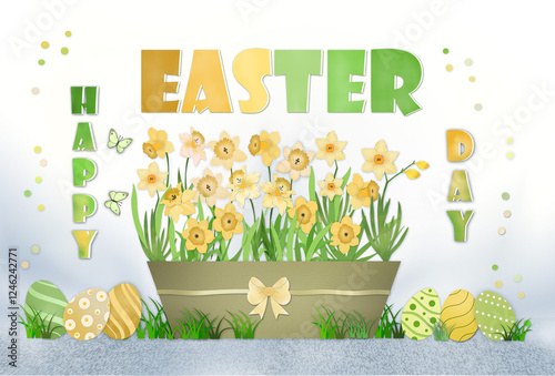 Happy easter day greeting card template with  pot of blooming daffodils, butterflies, eggs against white background. Free copy space.