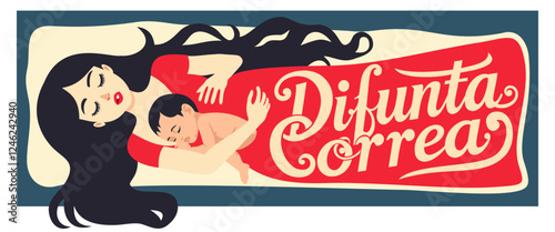 Difunta Correa, semi-pagan legendary figure in folk religion of Argentina and Chile. Argentinian folklore. Folk religion person. Woman in red dress with baby. Vector illustration with lettering