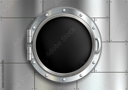 Round porthole of a submarine or bathyscaphe on a metallic background. Vector illustration