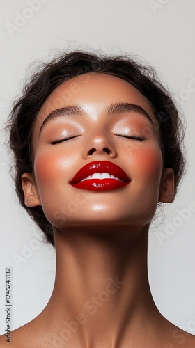 a woman with her eyes closed and red lips. photo