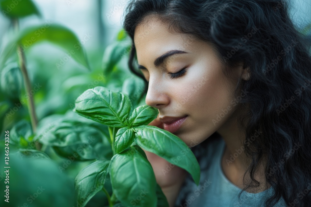 Hispanic woman enjoying the scent of fresh basil in a greenhouse environment. Generative AI Hispanic woman enjoying the scent of fresh basil in a greenhouse environment. Generative AI