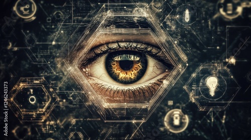 A stylized eye within a hexagon, surrounded by other hexagons containing abstract symbols, sits in the center of a dark, technological background. photo