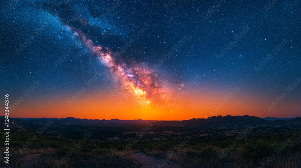 Majestic Milky Way Galaxy Over Sunset Landscape Dramatic Night Sky Stars Orange Hues Nature Majestic Milky Way Galaxy Over Sunset Landscape Dramatic Night Sky Stars Orange Hues Nature