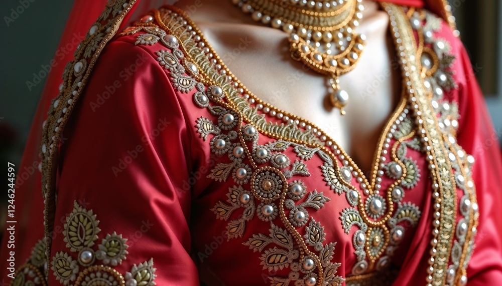 Naklejka premium Heavy embroidered bridal saree with sequins in vibrant red color