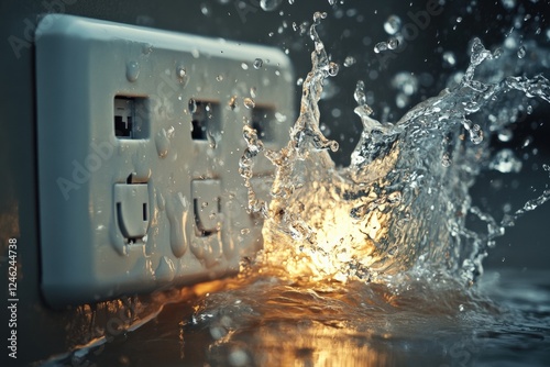 Home power outlet sparking due to water exposure during a rainy day. Generative AI