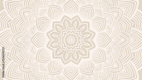 Round mandala on dreamy peach fuzz gradient background. Translucent mesh pattern in the form of a mandala. Mandala with floral patterns.Gradient background with round mandala.Vishal