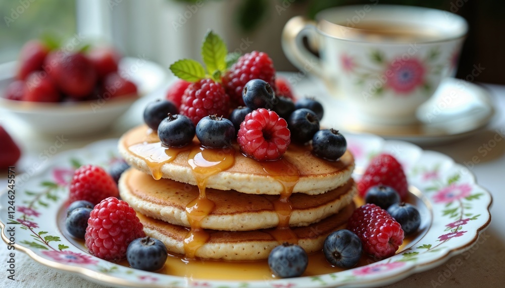 Golden Stack of Pancakes with Fresh Mixed Berries and Maple Syrup on Vintage Floral Plate Golden Stack of Pancakes with Fresh Mixed Berries and Maple Syrup on Vintage Floral Plate