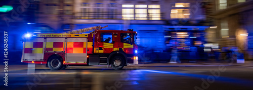 A fire truck speeds through the city at night with emergency lights flashing, responding to an urgent call. The motion blur effect emphasizes speed and urgency. Firefighters are visible inside. photo