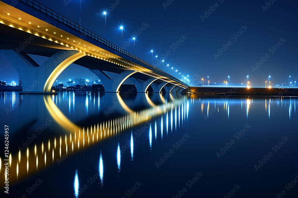 Naklejka premium Modern bridge illuminated at night, its lights reflecting on the calm water below.