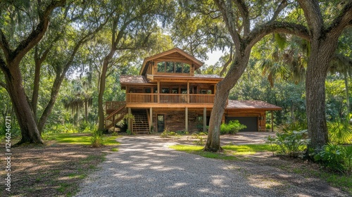 Two-story wooden house nestled in a lush, green forest with a gravel driveway.