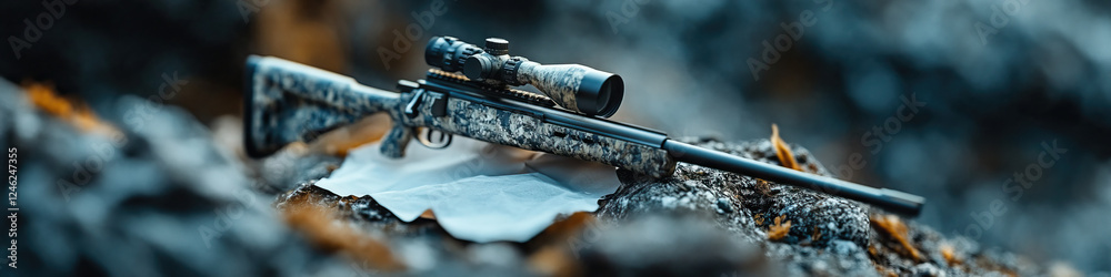 Obraz premium Camouflaged Bolt-Action Rifle with Scope on Rocky Surface