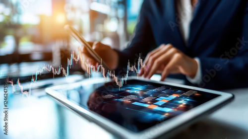 businesswoman analyzing digital banking trends on tablet with graphs