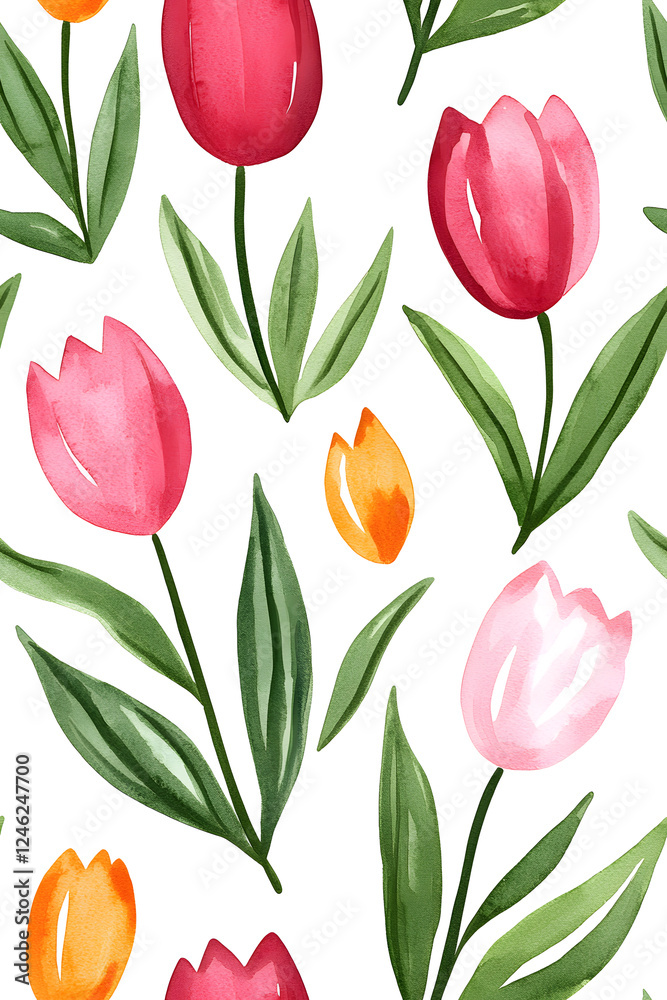 Obraz premium Watercolor seamless pattern of cute minimalistic tulips. Red and green colors isolated on white backdrop