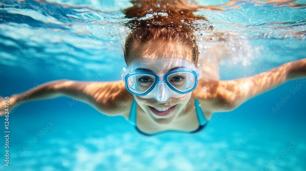 Naklejka premium Underwater, happy woman snorkeling, smiling face, clear water, summer.