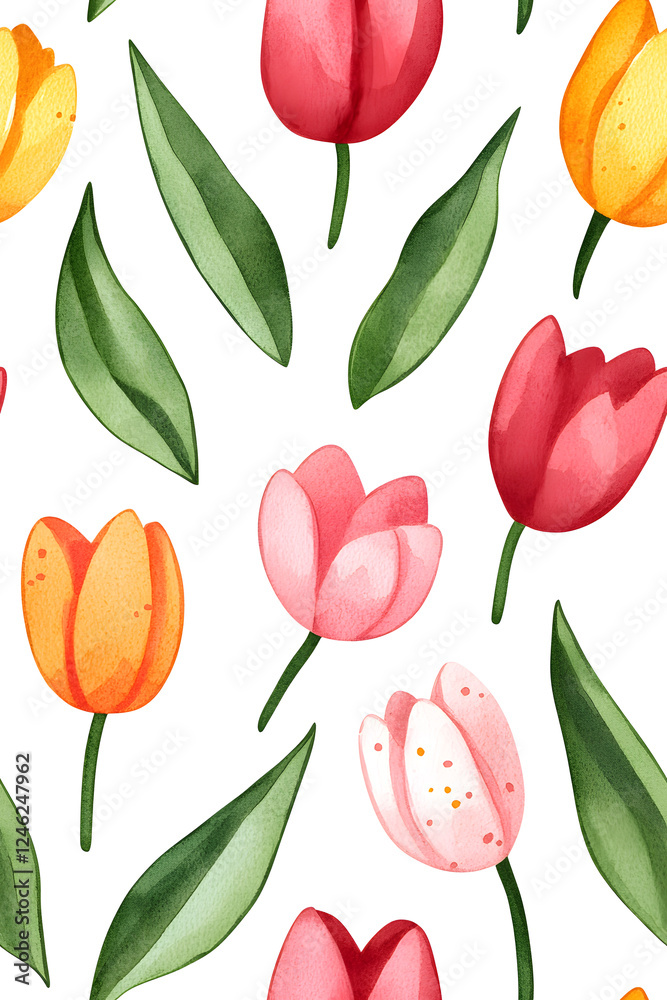 Obraz premium Watercolor seamless pattern of cute minimalistic tulips. Red and green colors isolated on white backdrop