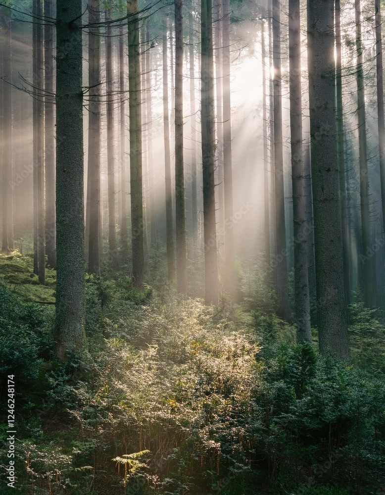  Sunbeams Illuminate Misty Forest With Tall Trees