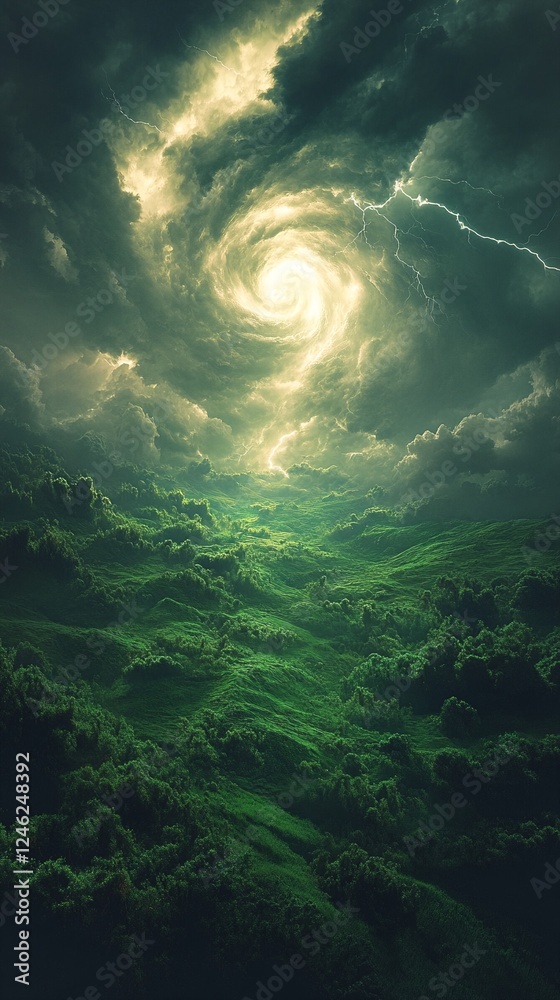 A swirling green storm with lightning illuminating a path through the clouds. A swirling green storm with lightning illuminating a path through the clouds.