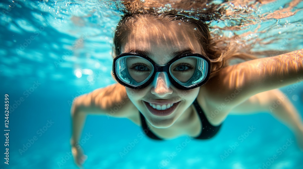 Fototapeta premium Underwater portrait of a smiling girl with goggles swimming in a clear blue pool.