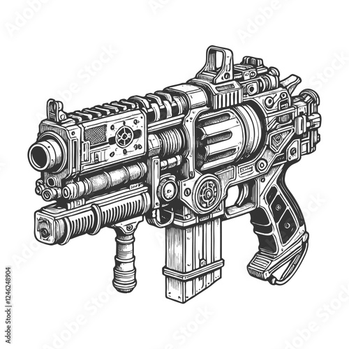 Ornate Steampunk Revolver engraving vector