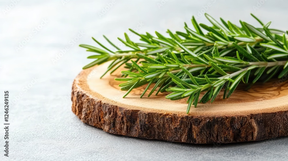 Fresh rosemary sprigs on wooden board, kitchen counter background, food photography Fresh rosemary sprigs on wooden board, kitchen counter background, food photography