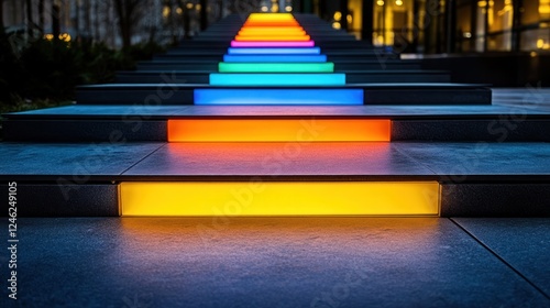 Colorful illuminated steps leading upwards at night.