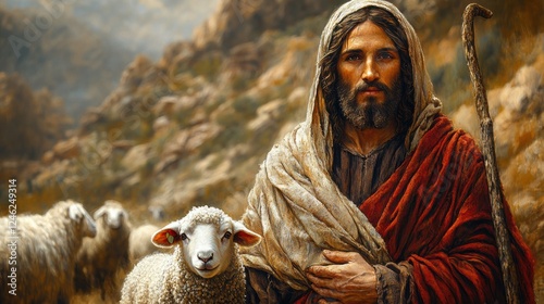 jesus holding a lamb and a shepherd s crook with a sheep by his side digital illustration copy space