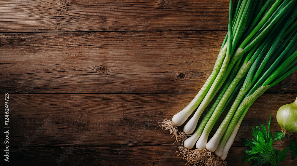 Fresh Green Onions on Rustic Wooden Table Top View Fresh Green Onions on Rustic Wooden Table Top View