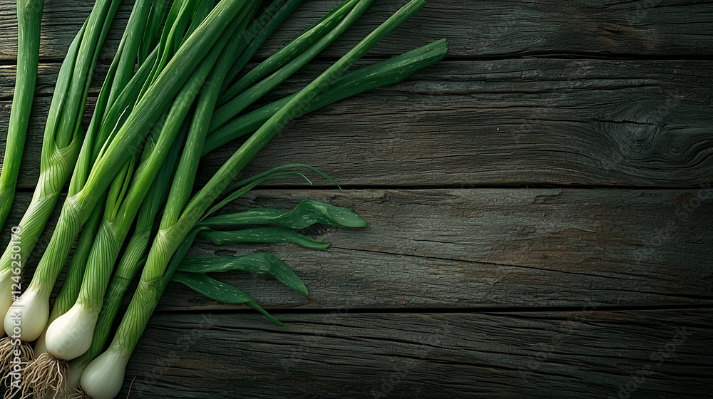 Fresh Green Onions on Rustic Wooden Table Top Down Perspective Fresh Green Onions on Rustic Wooden Table Top Down Perspective