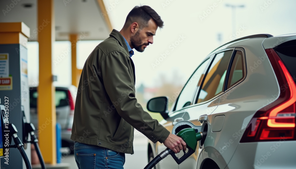 Man refueling his car at a gas station with a focused expression
Man refueling his car at a gas station with a focused expression