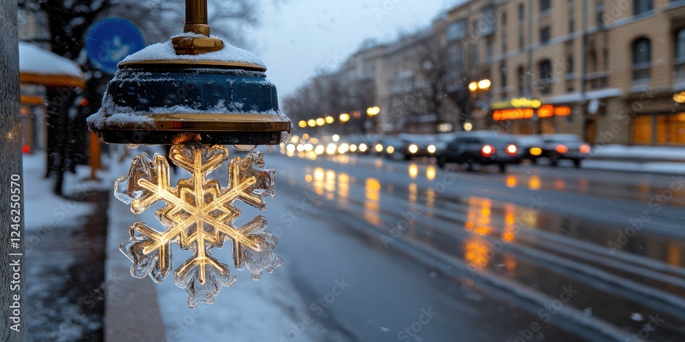Naklejka premium A warm street light adorned with a snowflake decoration illuminates a blurry night scene, capturing a cozy winter ambiance on a busy street.
