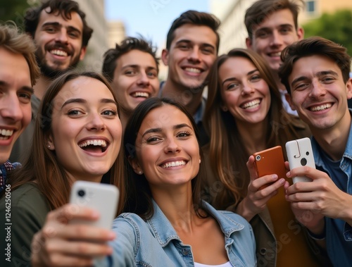 Group of cheerful young students taking selfie with smartphones photo