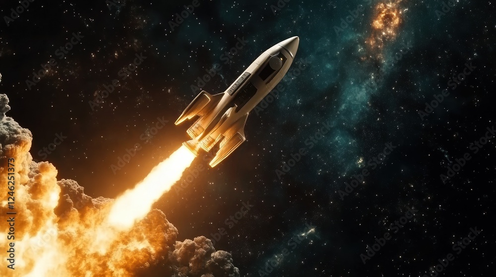 Startup and business goal concept with digital rocket illustration flying in space. 3D rendering Startup and business goal concept with digital rocket illustration flying in space. 3D rendering