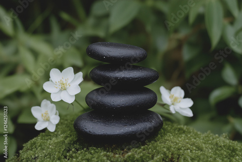 Zen Garden Serenity: Four smooth, black stones are meticulously balanced atop each other on a bed of vibrant green moss, framed by delicate white flowers, creating a scene of tranquility and balance.