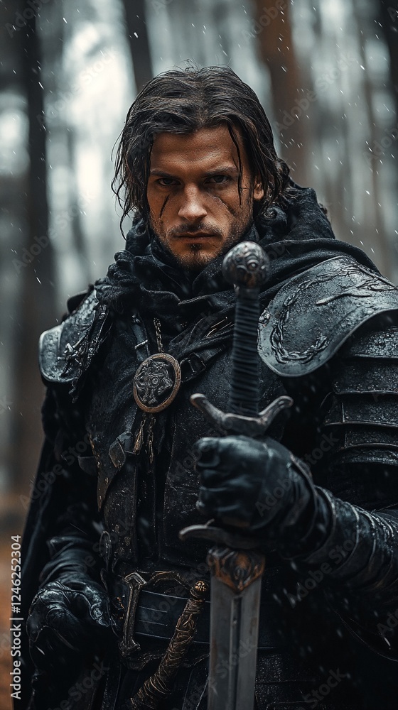 Obraz premium a man with long hair holding a sword and wearing armor.