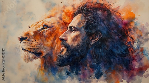 jesus the lion of judah watercolor painting of a lion and jesus christ in the background