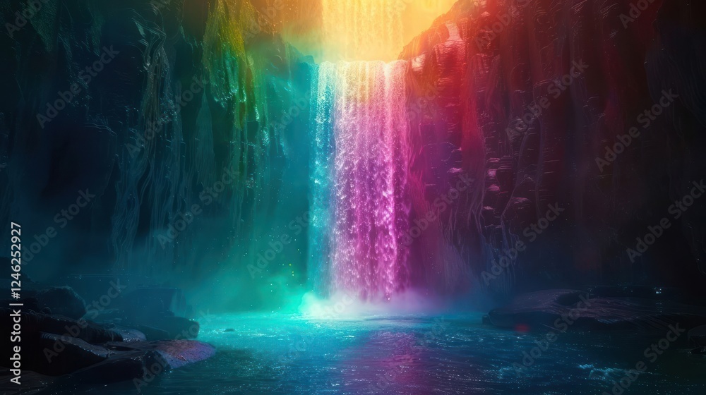 A vibrant waterfall cascading into a serene pool, surrounded by colorful mist and lush foliage A vibrant waterfall cascading into a serene pool, surrounded by colorful mist and lush foliage