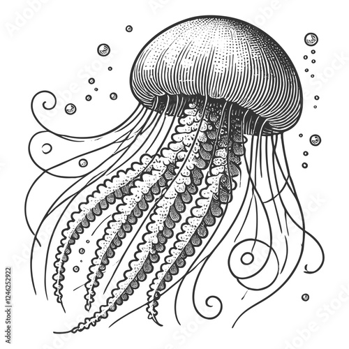 Jellyfish engraving sketch vector illustration